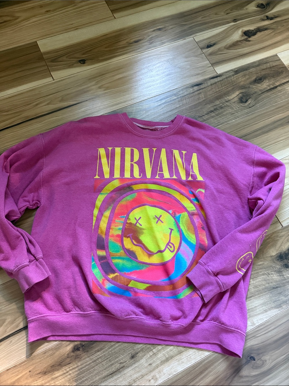 NIRVANA Hot Pink Crewneck Sweatshirt with Multicolor Smiley